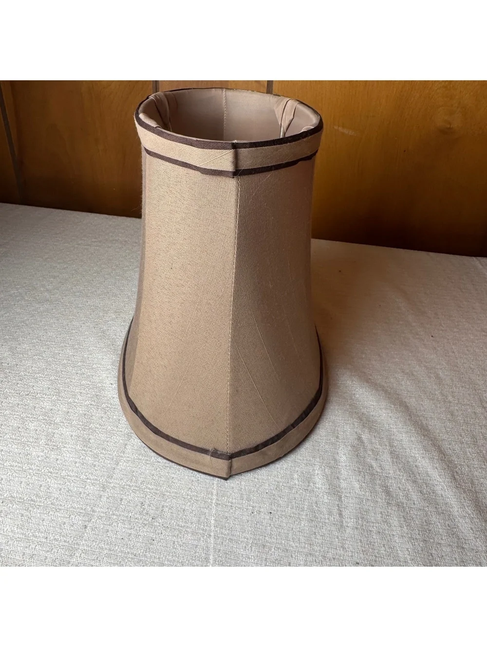 Vintage Bell Shaped Beige Fabric Lampshade Brown Trim 7 Inch Tall